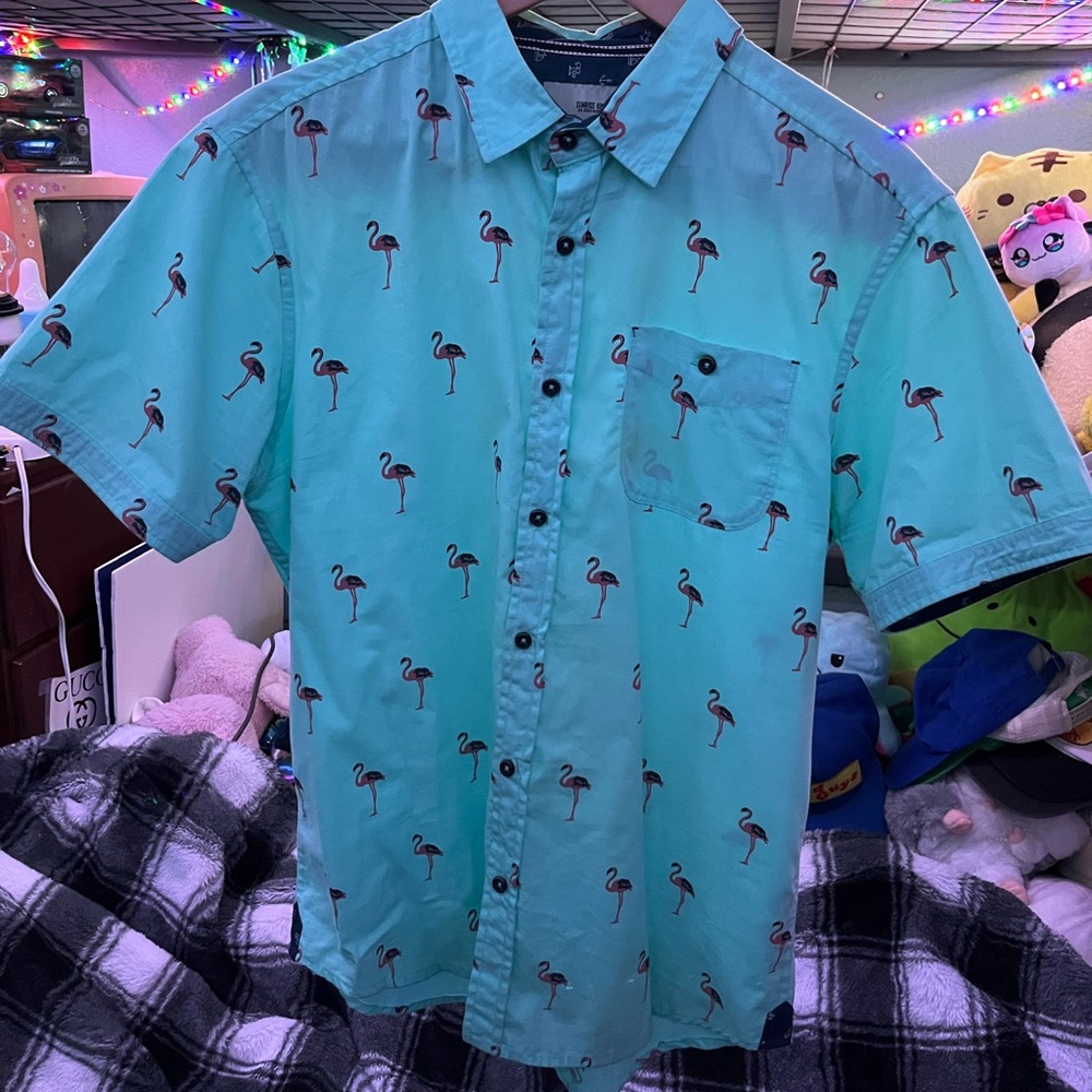 Cute flamingo print Minty green blue button up